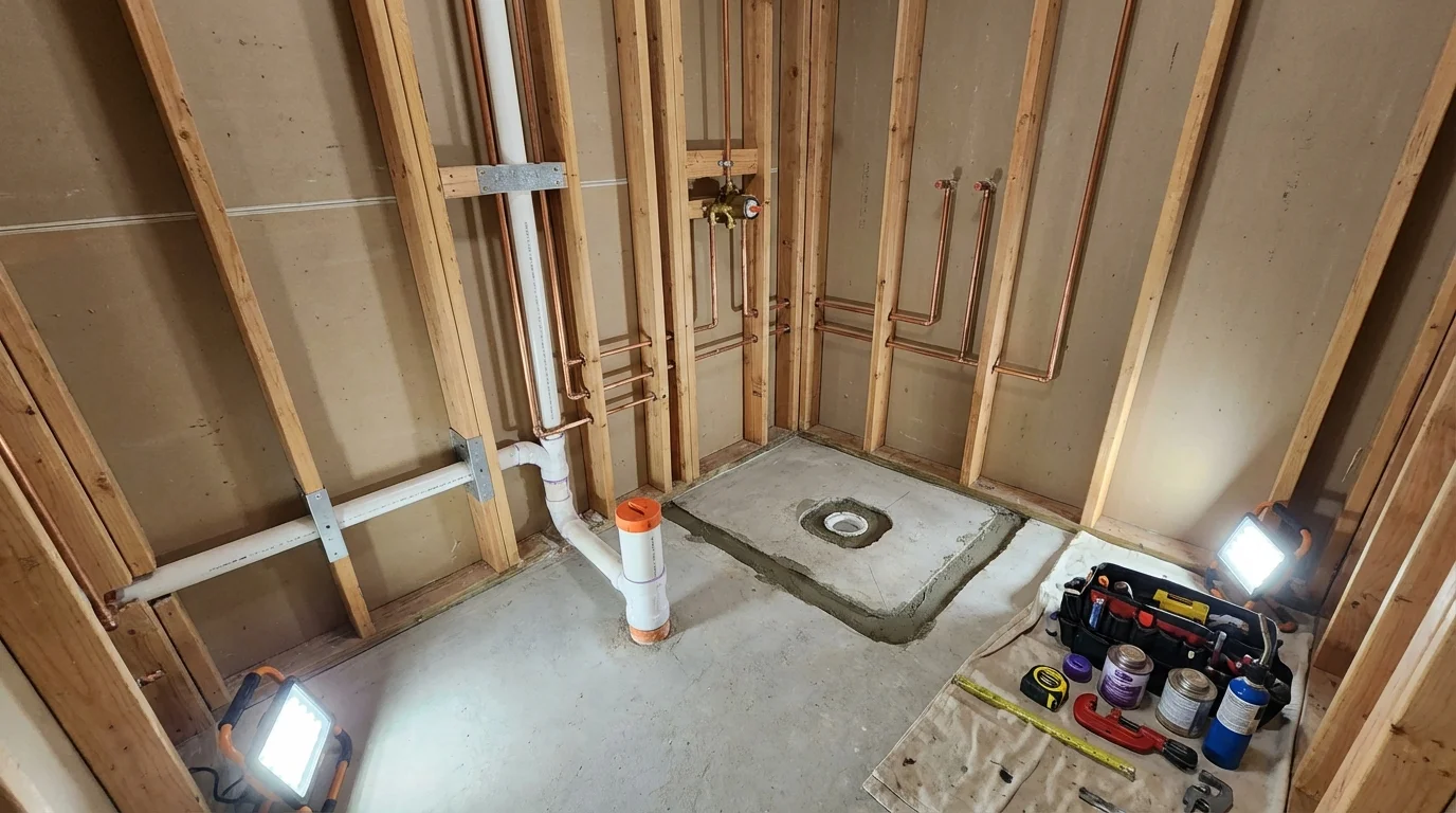 Bathroom rough-in plumbing during remodel by Johns Plumbing LLC in Great River