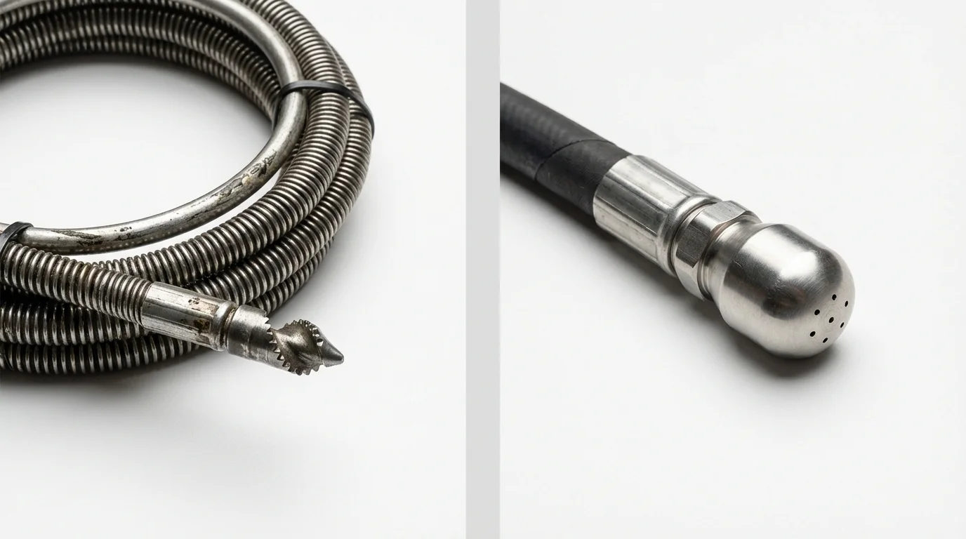 Drain snake cable and hydro jetting nozzle used for drain cleaning in Great River, NY
