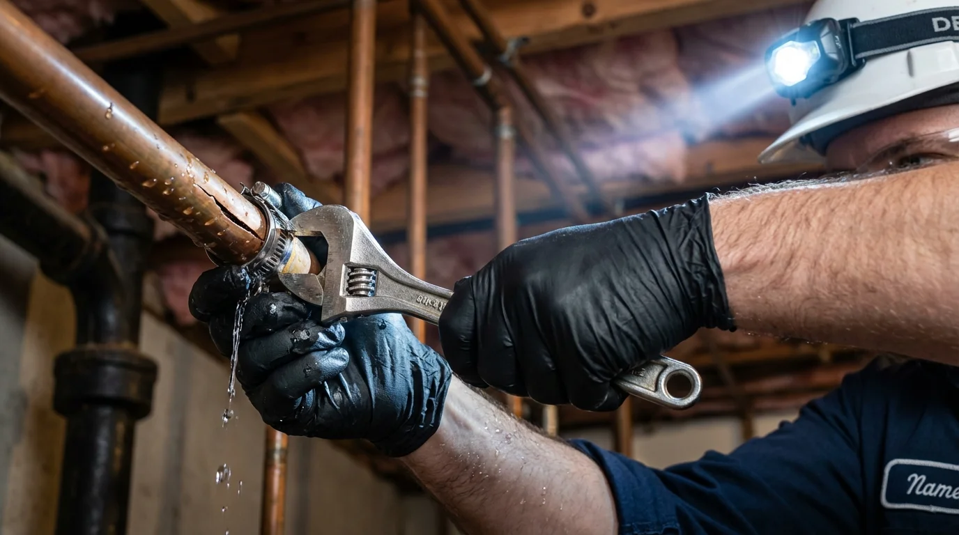 Emergency pipe clamp repair being performed by a Johns Plumbing LLC plumber in Great River