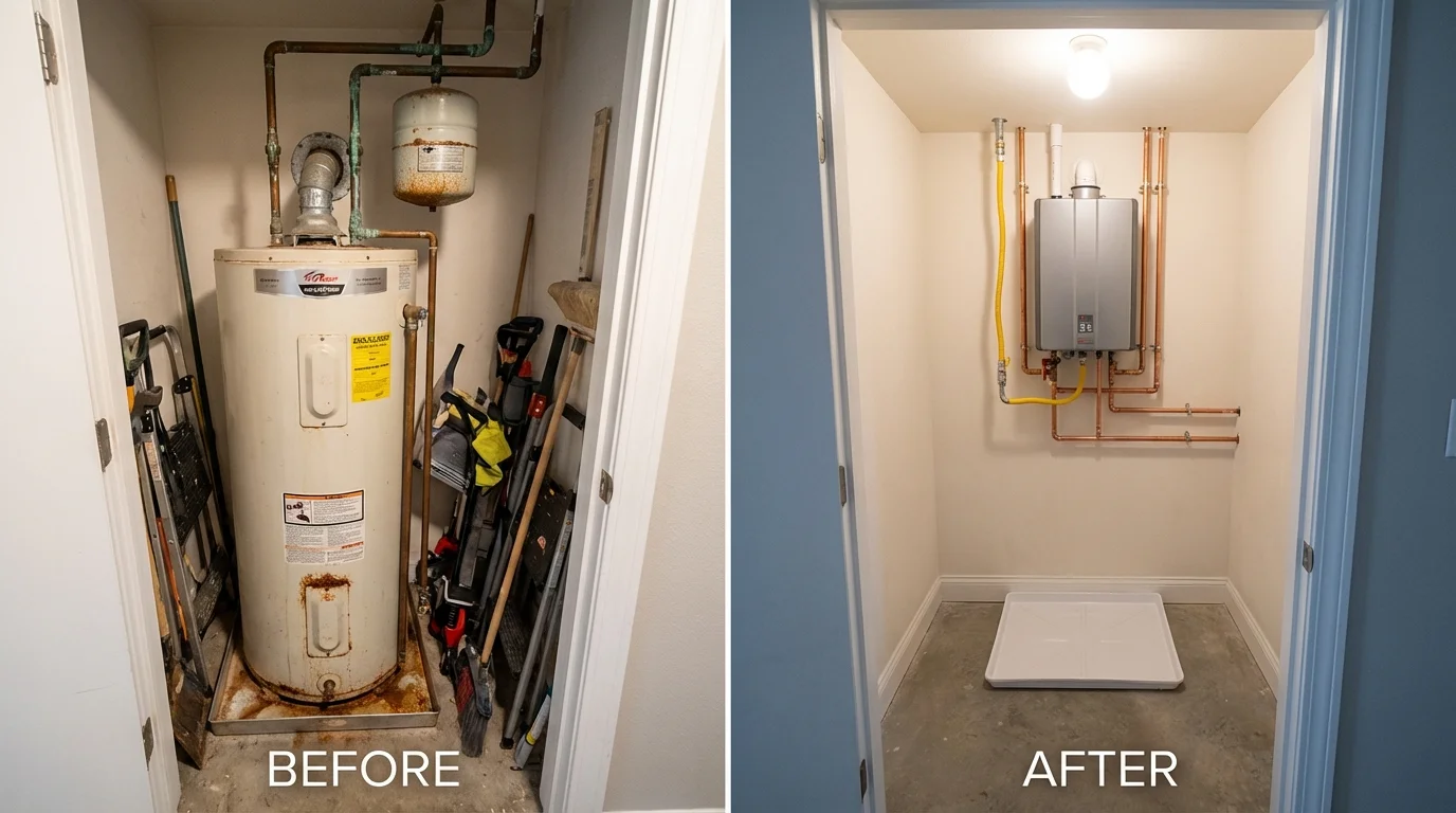Tank water heater versus wall-mounted tankless unit comparison for Great River, NY homeowners