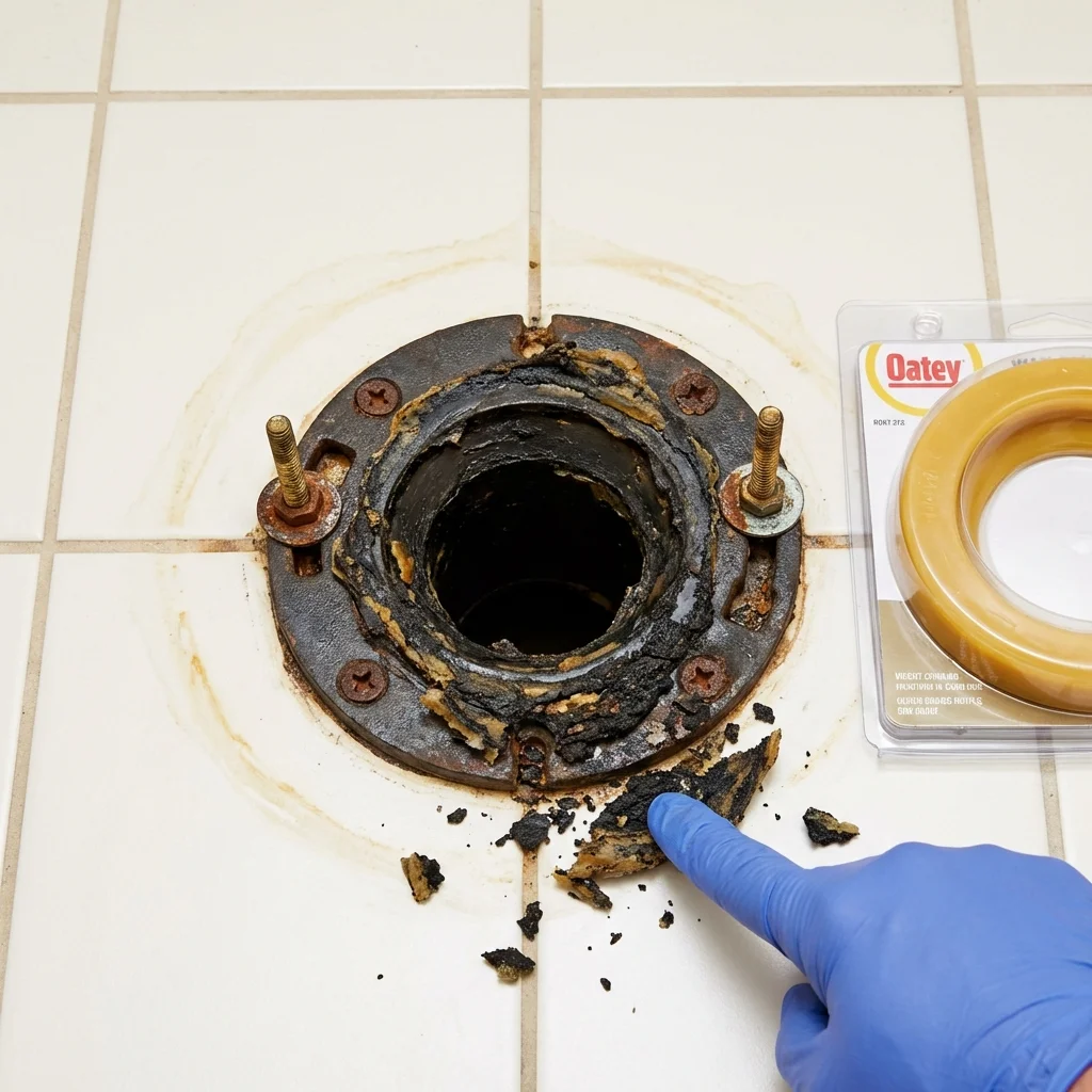 Failed wax ring showing water seepage at the base of a toilet in a Great River, NY home
