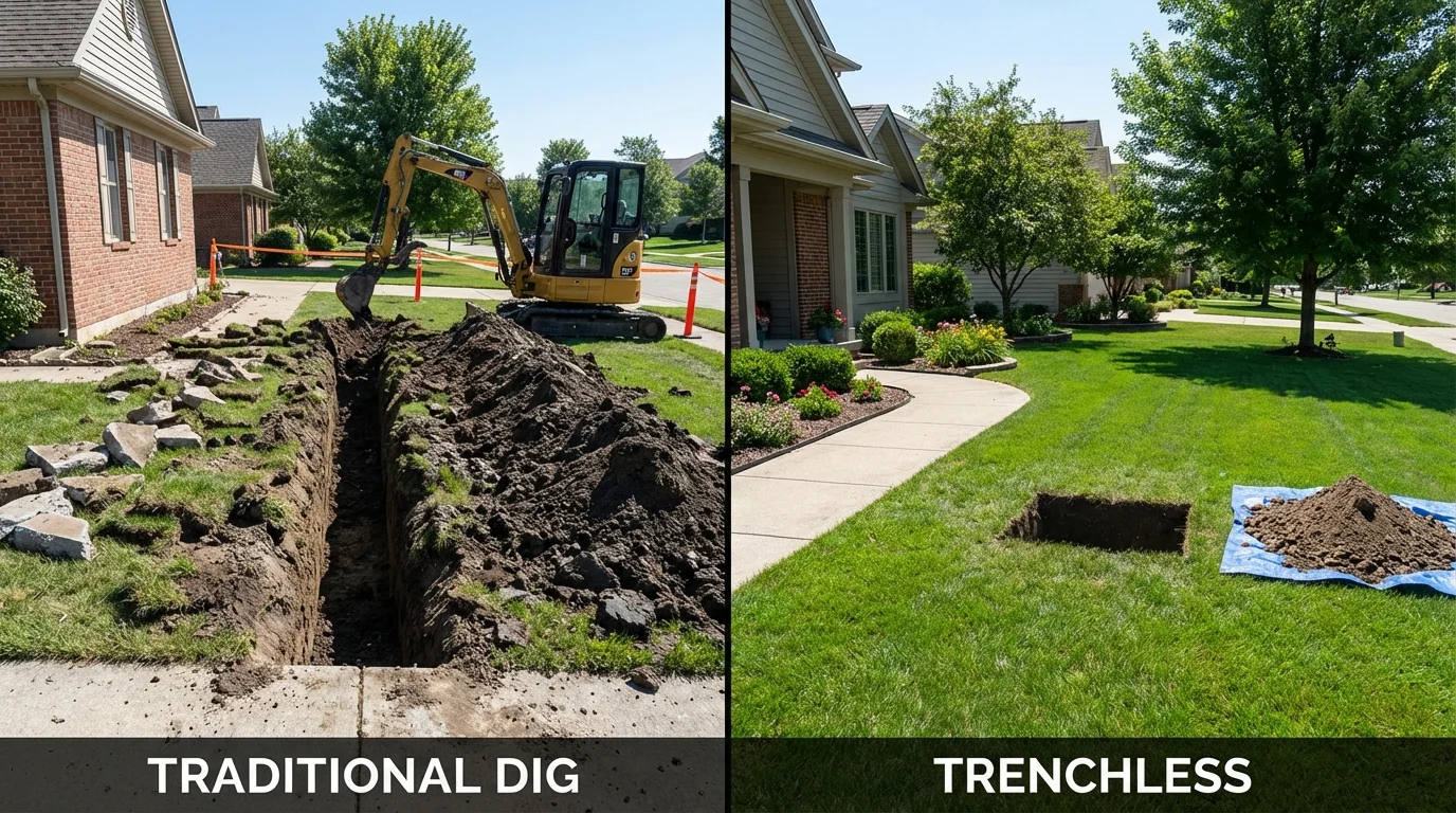 Trenchless sewer repair with minimal yard damage versus traditional excavation in Great River, NY