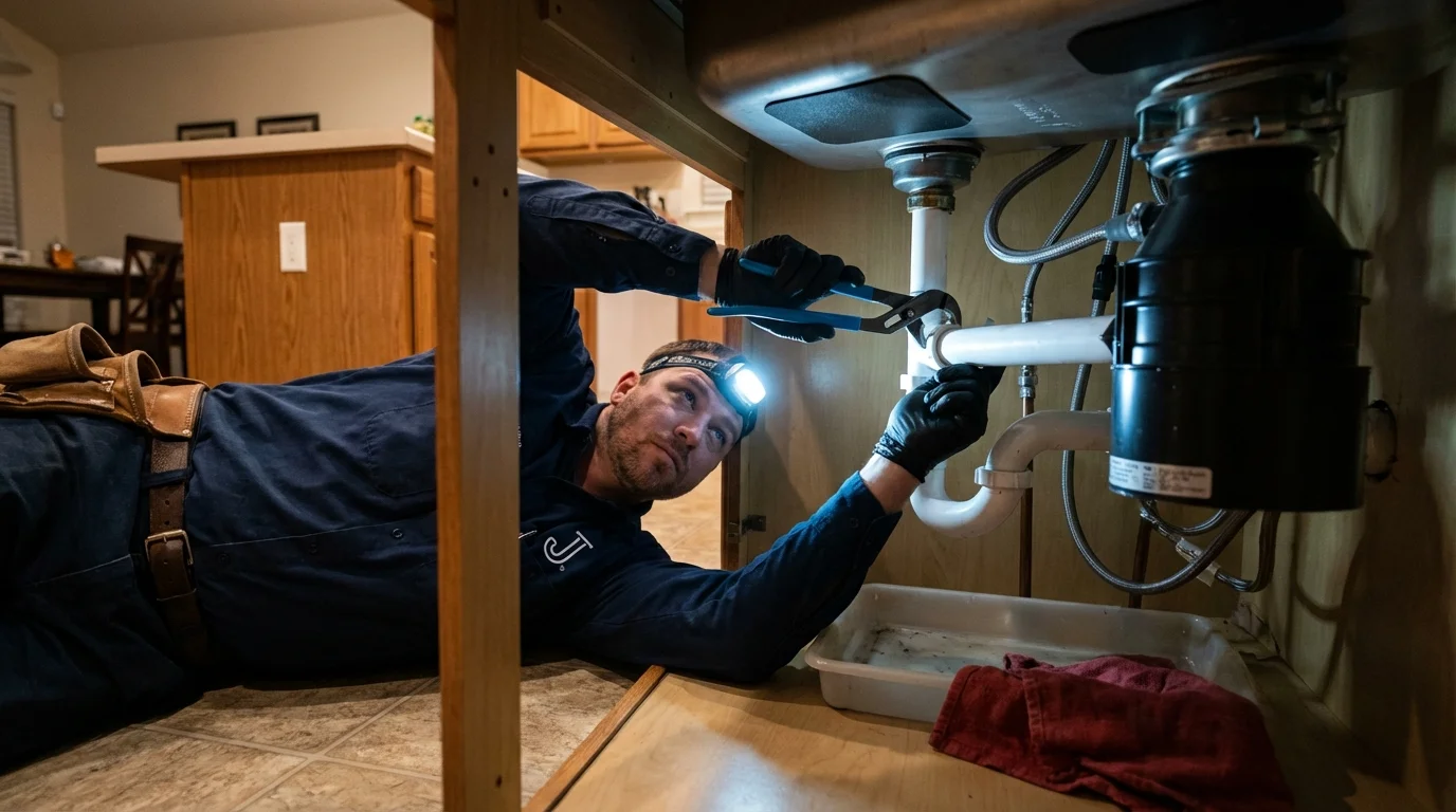 P-trap and supply line connections under a kitchen sink showing a common leak point in Great River, NY